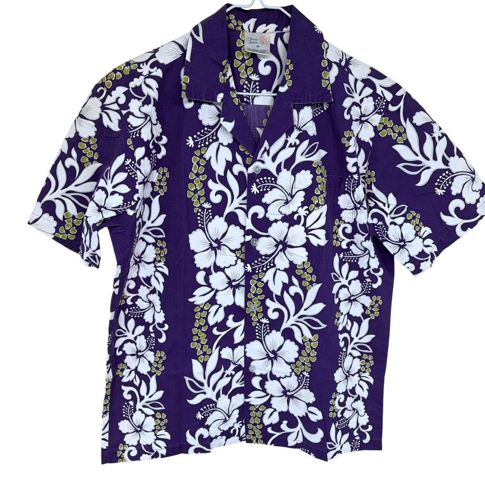 Vintage 90s Winnie Fashion Floral Hawaiian Shirt‎ Medium Purple Made in Hawaii